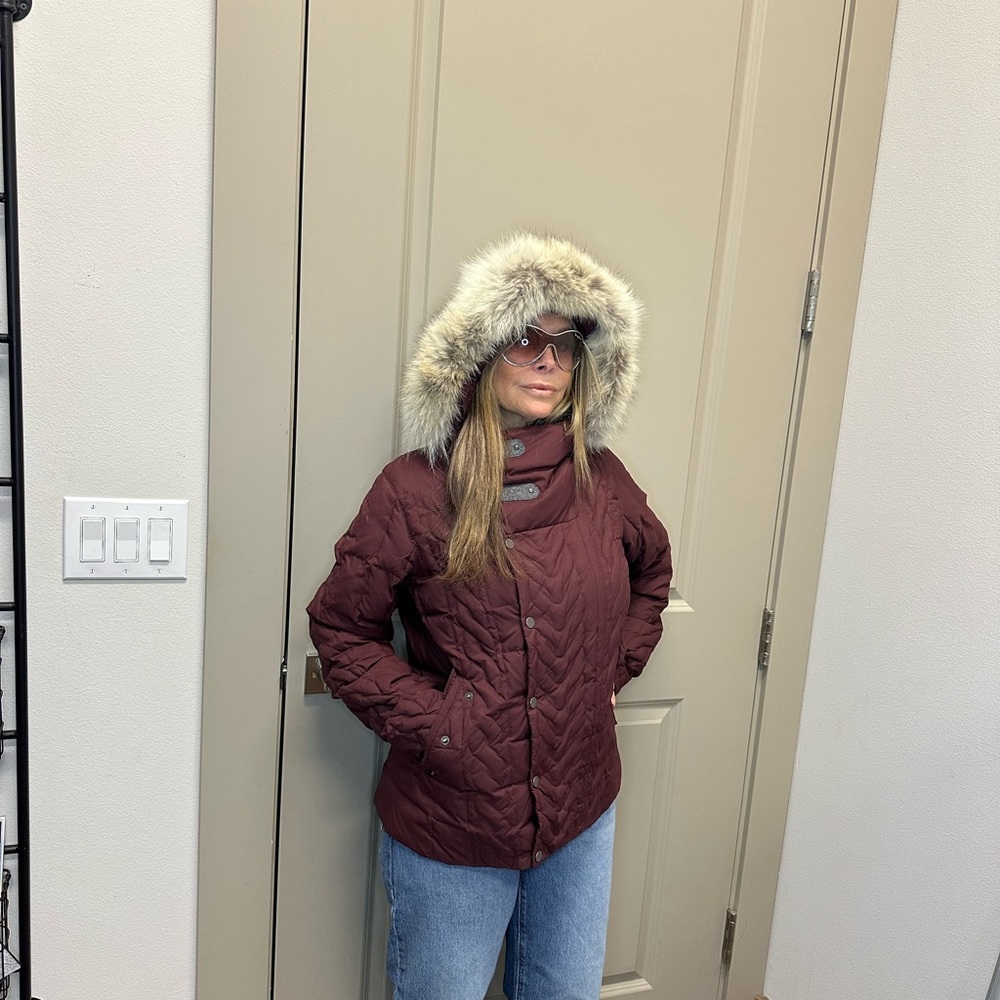 Sorel Aylwin down Puffer Jacket with removable Fur Hood in elderberry color